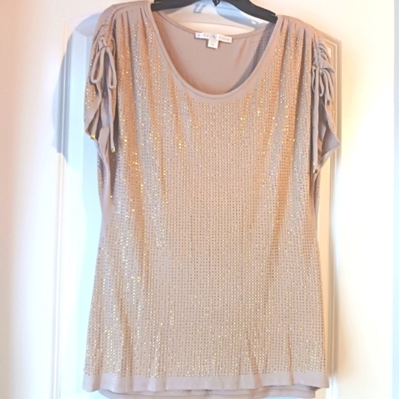 Boston Proper Soft Elegant Beige Studded Women's Top Tie String On Shoulder - Picture 1 of 11